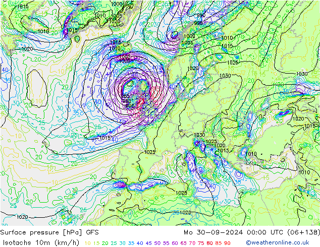 Isotachs (kph) GFS Mo 30.09.2024 00 UTC