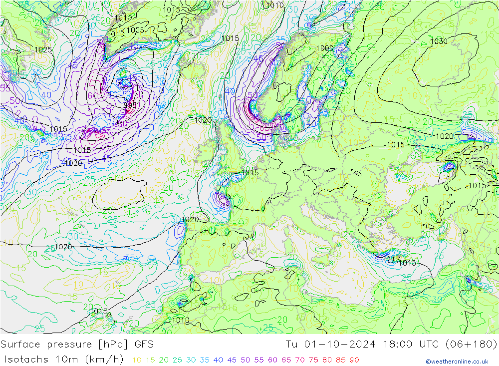 Isotachs (kph) GFS Tu 01.10.2024 18 UTC