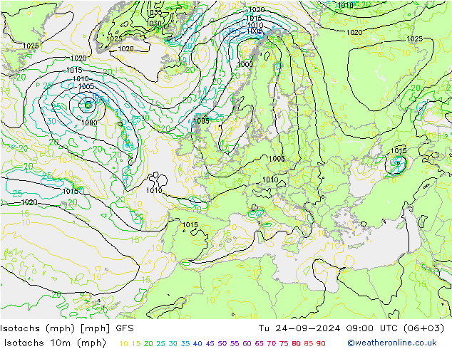 Isotachs (mph) GFS Tu 24.09.2024 09 UTC