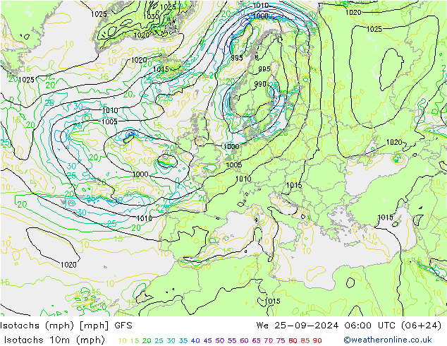 Izotacha (mph) GFS śro. 25.09.2024 06 UTC