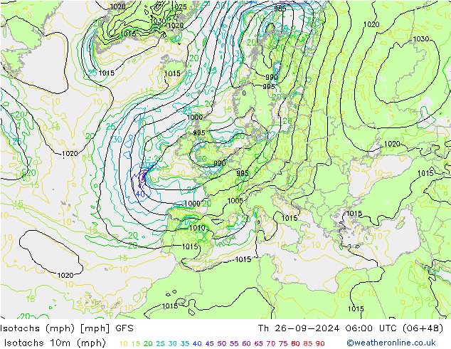 Isotachs (mph) GFS jeu 26.09.2024 06 UTC