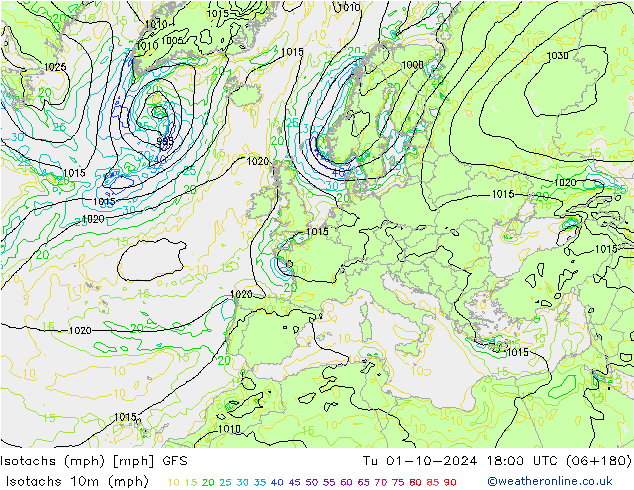 Isotachs (mph) GFS вт 01.10.2024 18 UTC