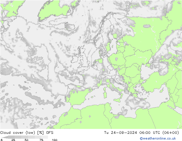 Cloud cover (low) GFS Tu 24.09.2024 06 UTC