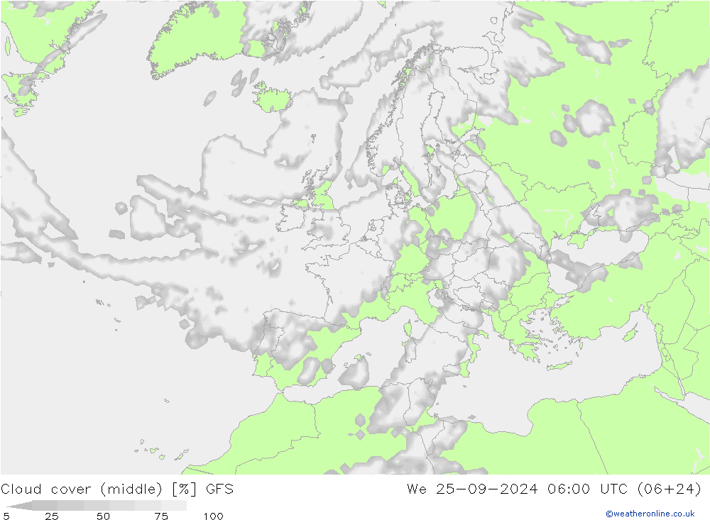 zachmurzenie (środk.) GFS śro. 25.09.2024 06 UTC