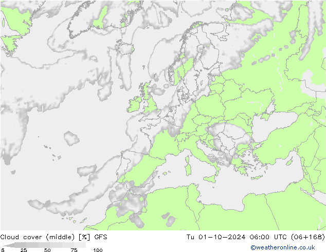 Cloud cover (middle) GFS Tu 01.10.2024 06 UTC