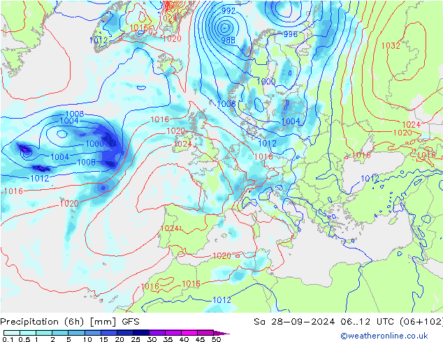 Precipitazione (6h) GFS sab 28.09.2024 12 UTC