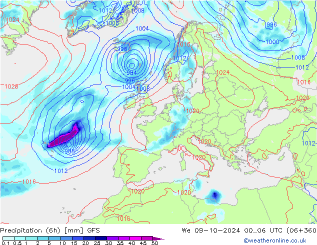 Z500/Rain (+SLP)/Z850 GFS mié 09.10.2024 06 UTC