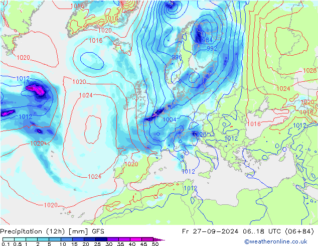 Precipitation (12h) GFS Pá 27.09.2024 18 UTC