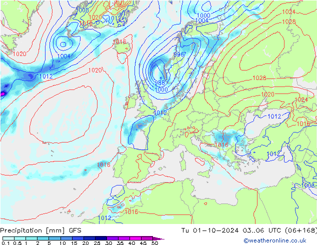 Srážky GFS Út 01.10.2024 06 UTC