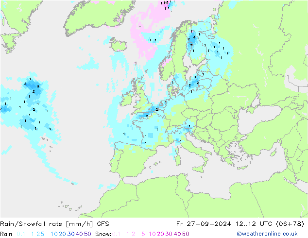 Rain/Snowfall rate GFS vie 27.09.2024 12 UTC