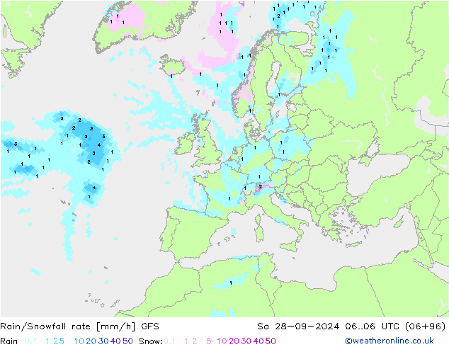 Rain/Snowfall rate GFS so. 28.09.2024 06 UTC