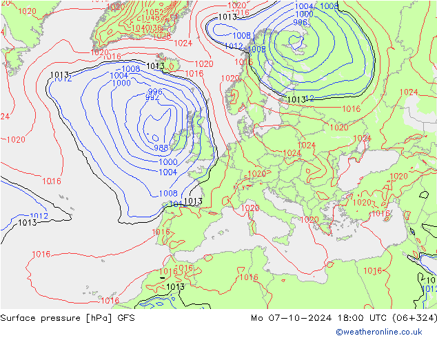 Presión superficial GFS lun 07.10.2024 18 UTC