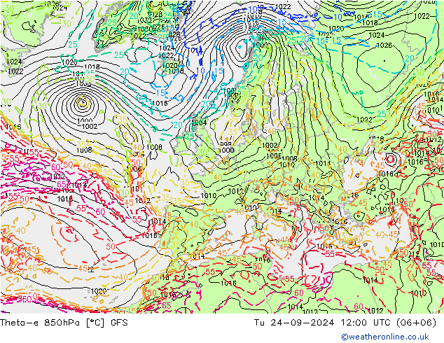 Theta-e 850hPa GFS Tu 24.09.2024 12 UTC