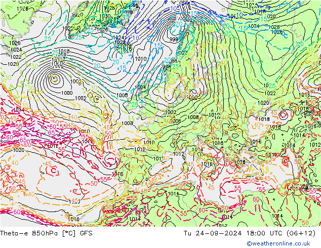 Theta-e 850hPa GFS wto. 24.09.2024 18 UTC