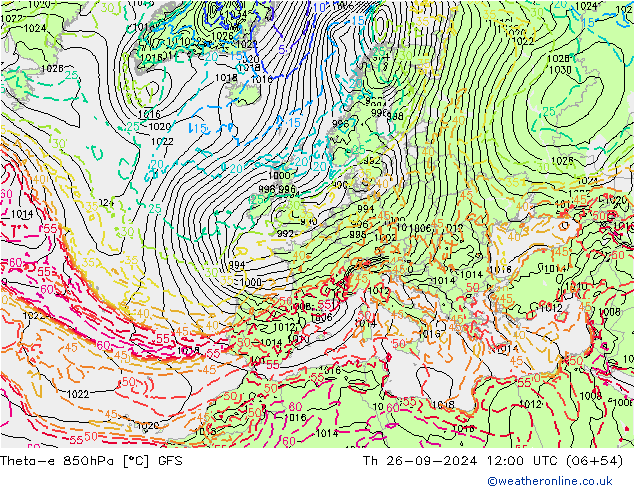 Theta-e 850hPa GFS Čt 26.09.2024 12 UTC