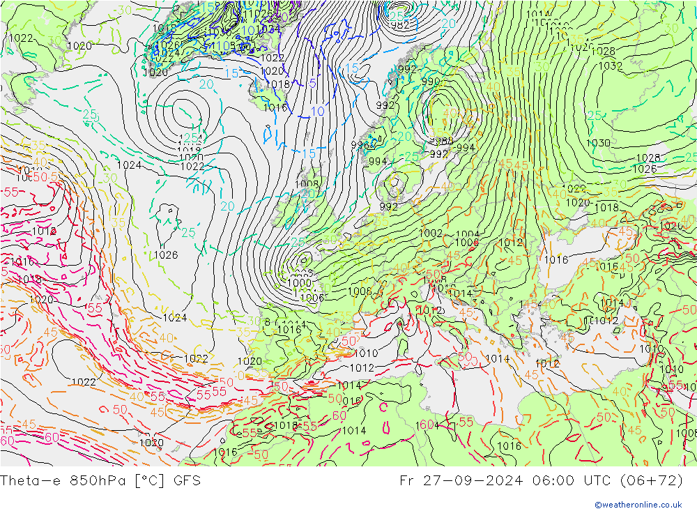 Theta-e 850гПа GFS пт 27.09.2024 06 UTC