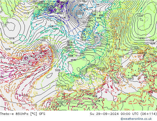 Theta-e 850hPa GFS dom 29.09.2024 00 UTC