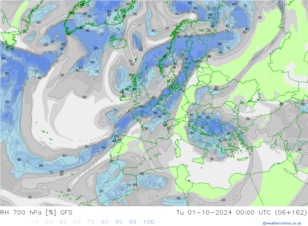 RH 700 hPa GFS Tu 01.10.2024 00 UTC