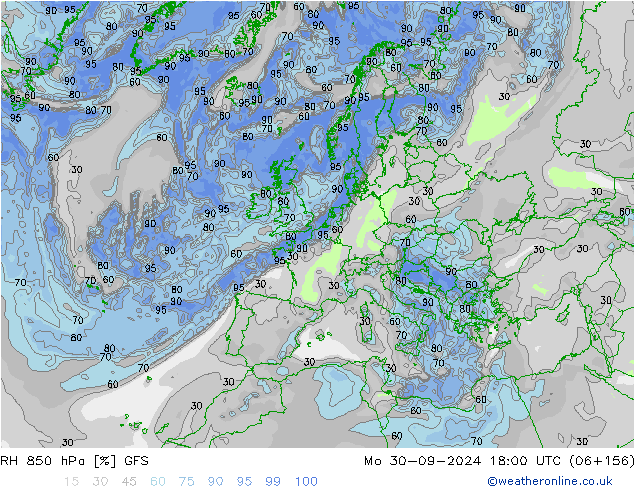 RH 850 hPa GFS pon. 30.09.2024 18 UTC