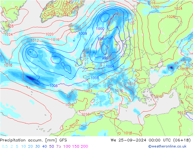 Totale neerslag GFS wo 25.09.2024 00 UTC