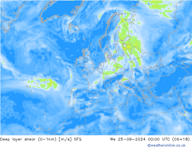 Deep layer shear (0-1km) GFS We 25.09.2024 00 UTC