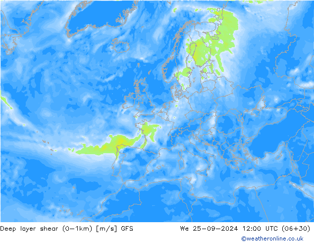 Deep layer shear (0-1km) GFS St 25.09.2024 12 UTC