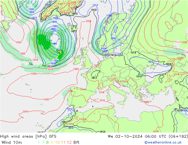 High wind areas GFS We 02.10.2024 06 UTC