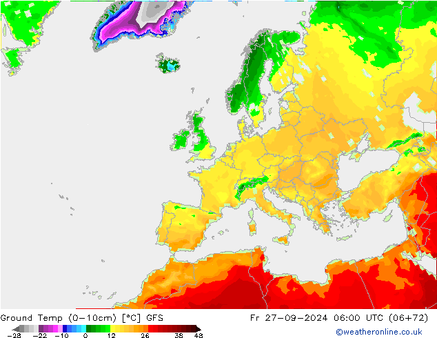 Temperatura del suelo (0-10cm) GFS vie 27.09.2024 06 UTC