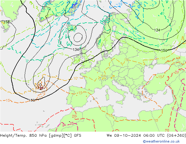 Z500/Rain (+SLP)/Z850 GFS We 09.10.2024 06 UTC