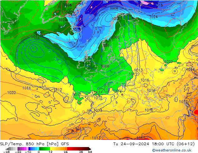 SLP/Temp. 850 hPa GFS di 24.09.2024 18 UTC