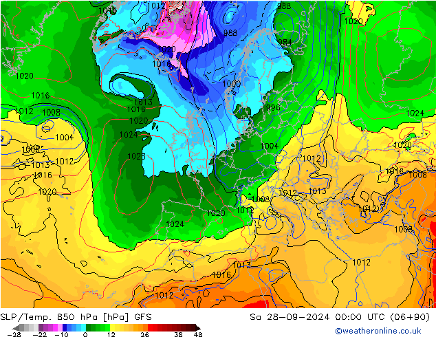 SLP/Temp. 850 hPa GFS Sa 28.09.2024 00 UTC