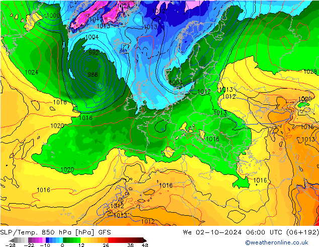 SLP/Temp. 850 hPa GFS mer 02.10.2024 06 UTC