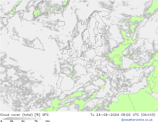 Cloud cover (total) GFS Tu 24.09.2024 09 UTC