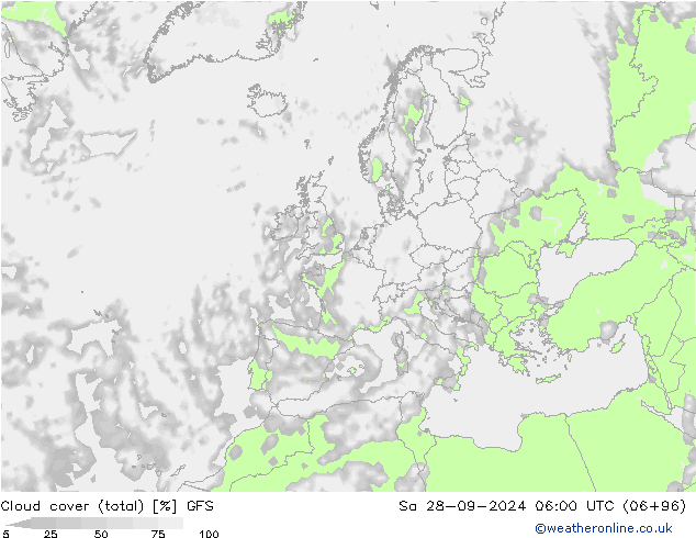 Cloud cover (total) GFS So 28.09.2024 06 UTC