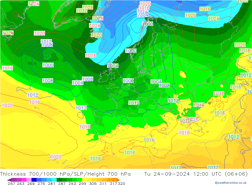 Espesor 700-1000 hPa GFS mar 24.09.2024 12 UTC