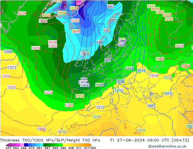 Espesor 700-1000 hPa GFS vie 27.09.2024 06 UTC