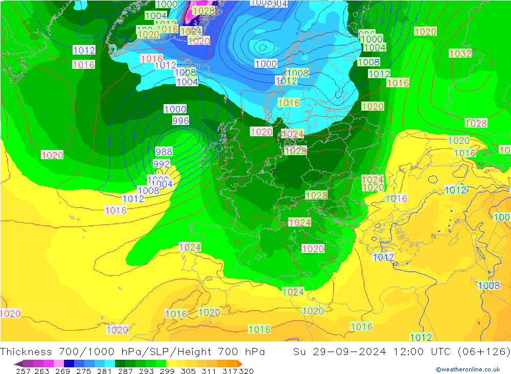 Thck 700-1000 hPa GFS Su 29.09.2024 12 UTC