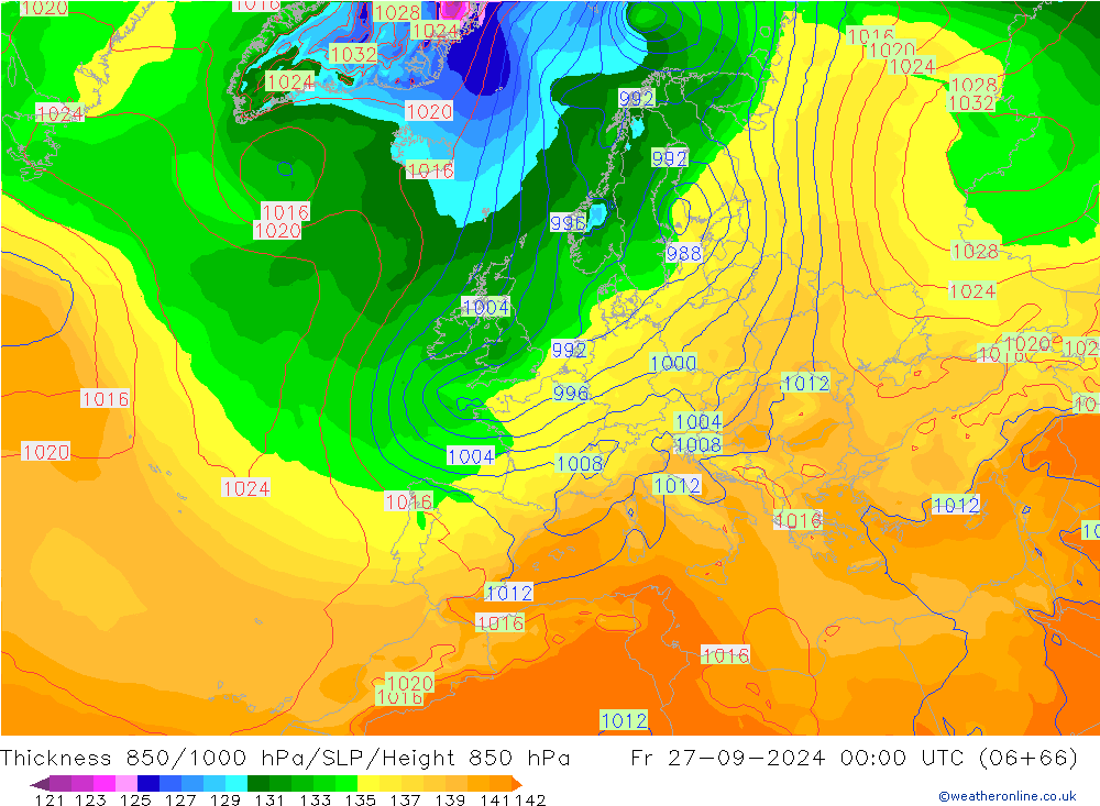 Thck 850-1000 hPa GFS ven 27.09.2024 00 UTC