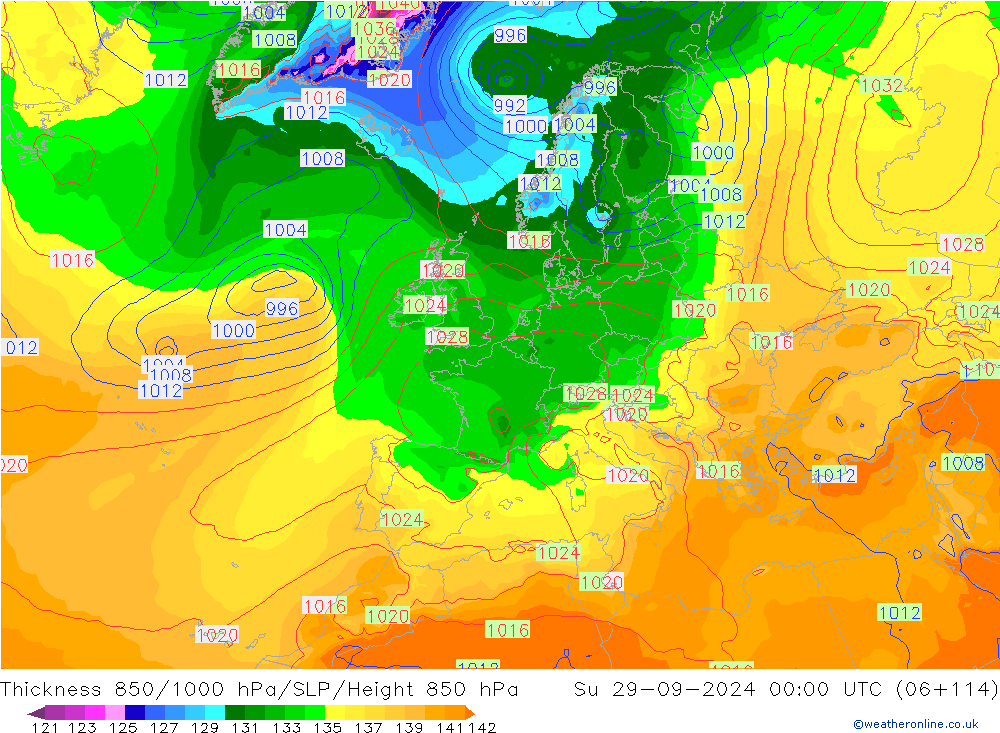 Dikte 850-1000 hPa GFS zo 29.09.2024 00 UTC