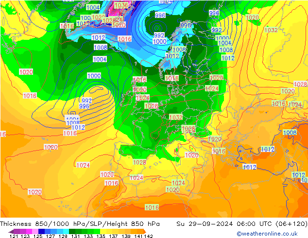 Thck 850-1000 hPa GFS dim 29.09.2024 06 UTC