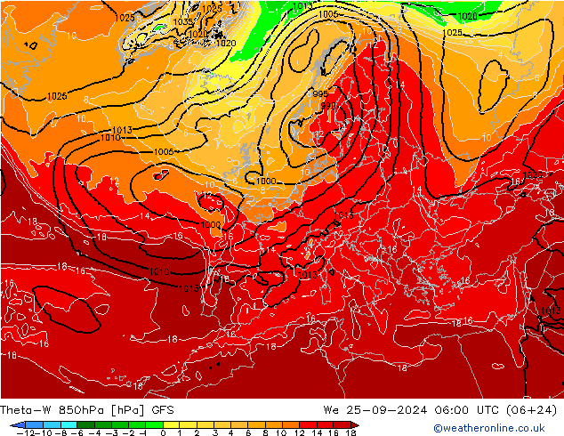 Theta-W 850hPa GFS śro. 25.09.2024 06 UTC