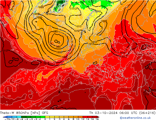 Theta-W 850hPa GFS do 03.10.2024 06 UTC