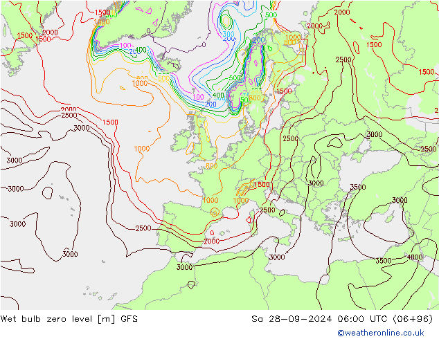 Wet bulb zero level GFS sáb 28.09.2024 06 UTC