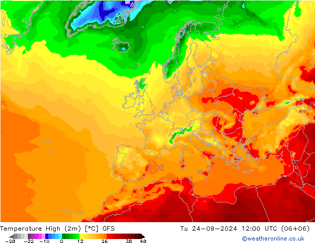 Max. Temperatura (2m) GFS wto. 24.09.2024 12 UTC