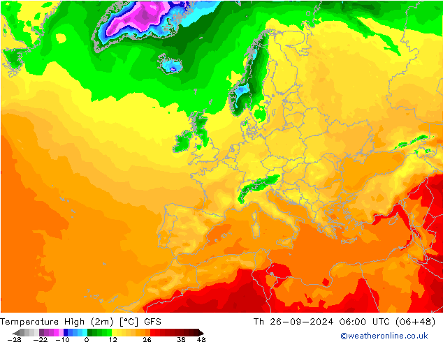 Temperature High (2m) GFS Th 26.09.2024 06 UTC