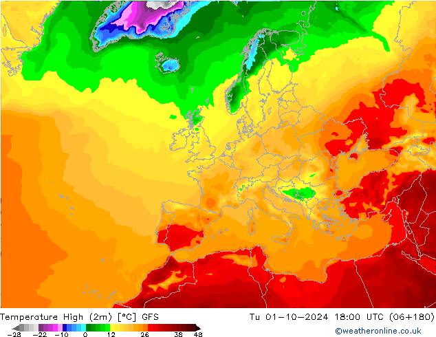 Темпер. макс 2т GFS вт 01.10.2024 18 UTC