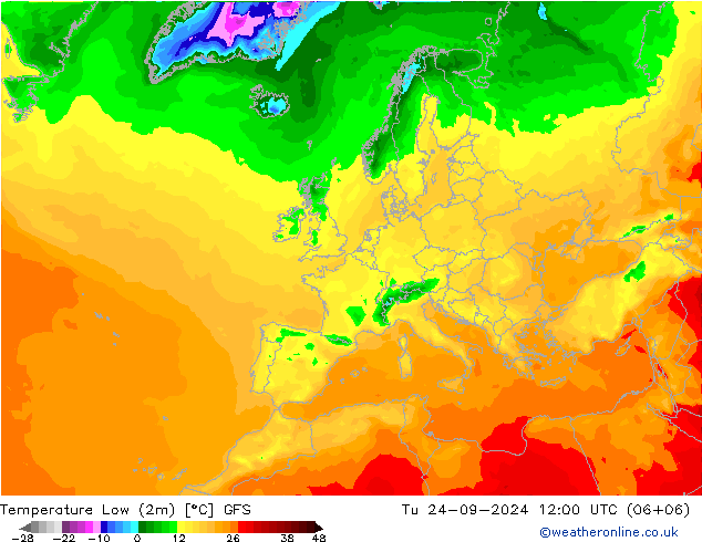 Nejnižší teplota (2m) GFS Út 24.09.2024 12 UTC