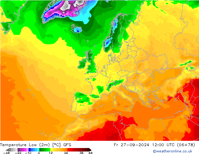 Min. Temperatura (2m) GFS pt. 27.09.2024 12 UTC