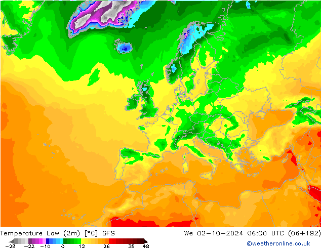 temperatura mín. (2m) GFS Qua 02.10.2024 06 UTC