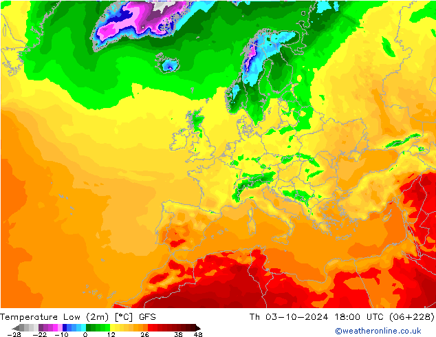 Temp. minima (2m) GFS gio 03.10.2024 18 UTC